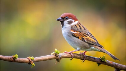 Obraz premium Tree sparrow perched on branch with natural background, tree sparrow, passer montanus, bird, branch, wildlife, nature