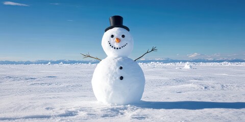 Cheerful Snowman with Black Hat Standing on Snowy Landscape