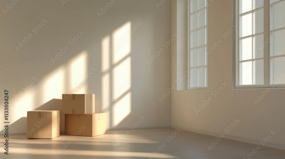 Aufkleber bright sunlight filters through windows, casting shadows on the floor where stacked cardboard boxes 