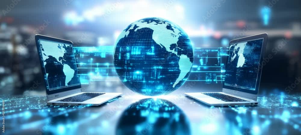 Aufkleber Digital earth globe hologram from laptop. Global internet network telecom and communication. Generative video AI technology.