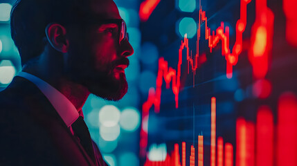 Professional man analyzing trading data on digital screen with vibrant red and blue colors highlighting financial statistics and trends