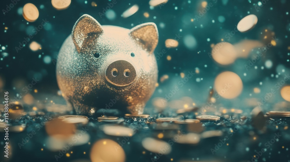 Poster a glittering golden piggy bank surrounded by coins, with a dynamic background of falling gold partic