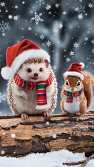 A hedgehog and a squirrel wearing Christmas hats and scarves in a snowy forest.