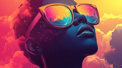 Woman with vibrant sunglasses, reflecting a colorful sky.
