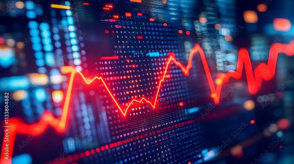 Poster abstract financial data visualization with glowing red line graph on digital screen depicting fluctu