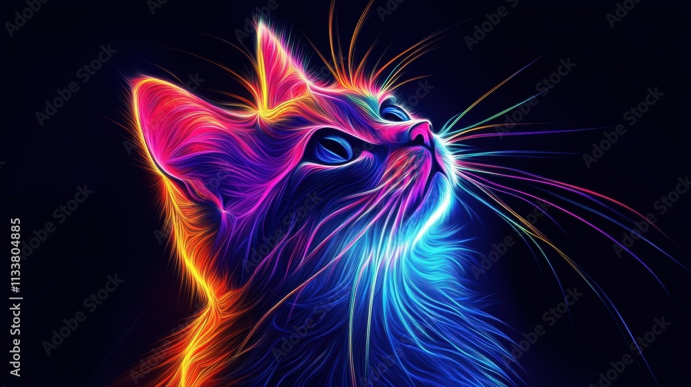 Poster a digital artwork of a cat's face rendered in vivid neon colors with intricate fractal lines, creati
