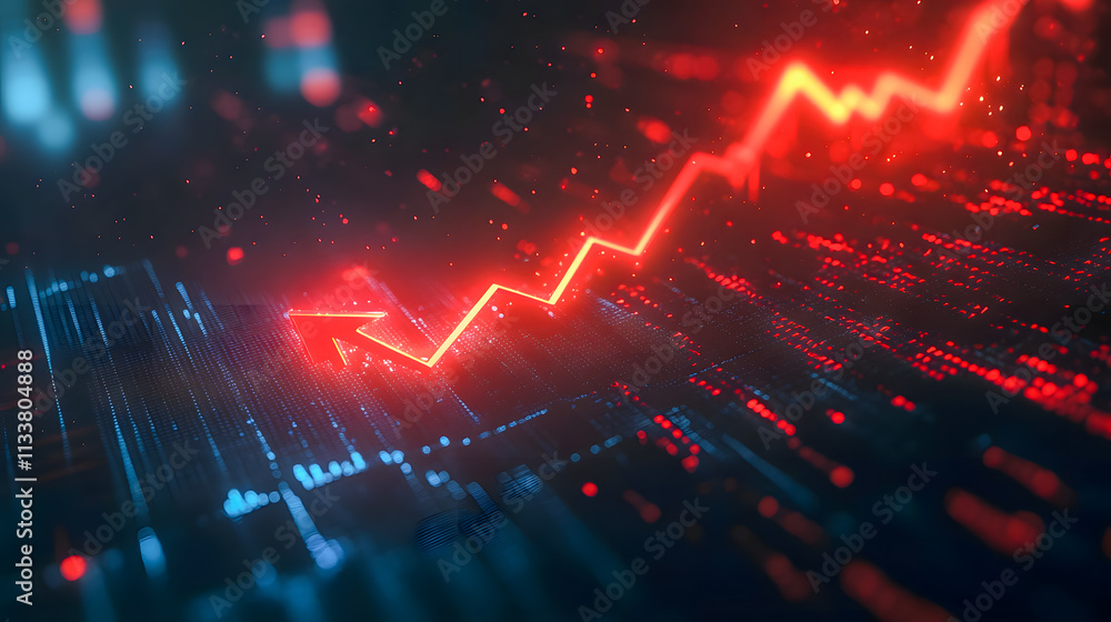 Poster abstract digital visualization of financial growth with red graph line against blue background of da