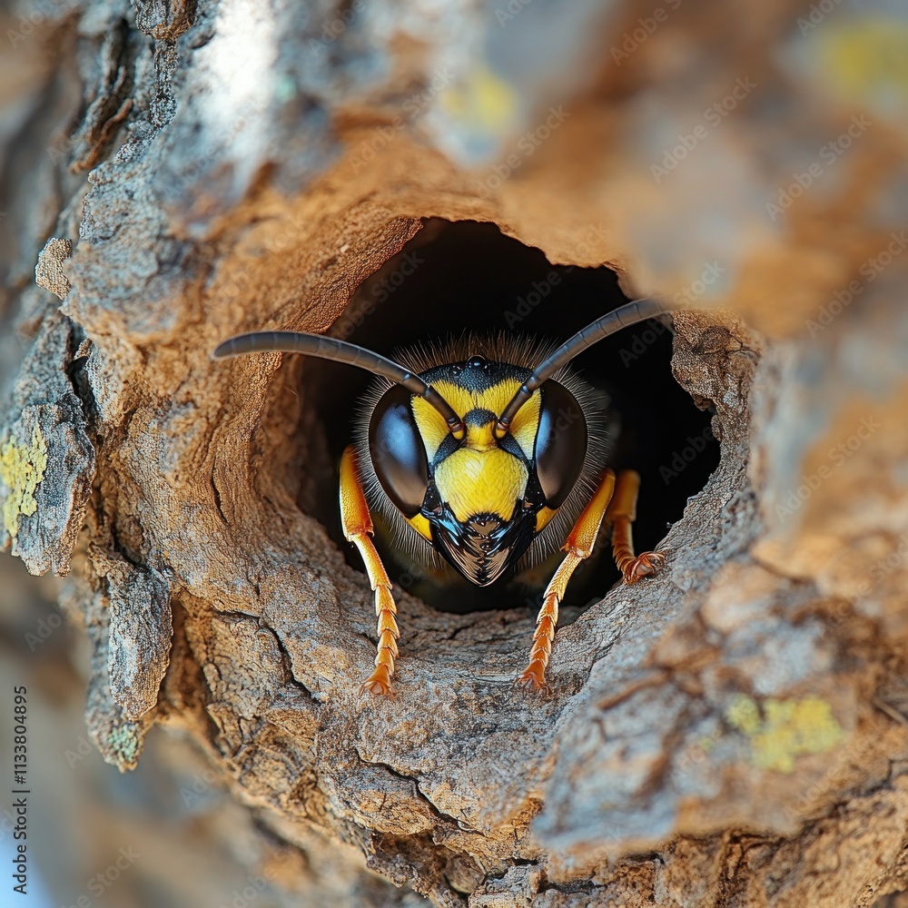Aufkleber close-up of a wasp emerging from a hole in a tree.