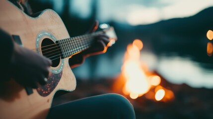 Strumming an acoustic guitar beside a warm campfire as dusk settles over the calm waters and rugged landscape