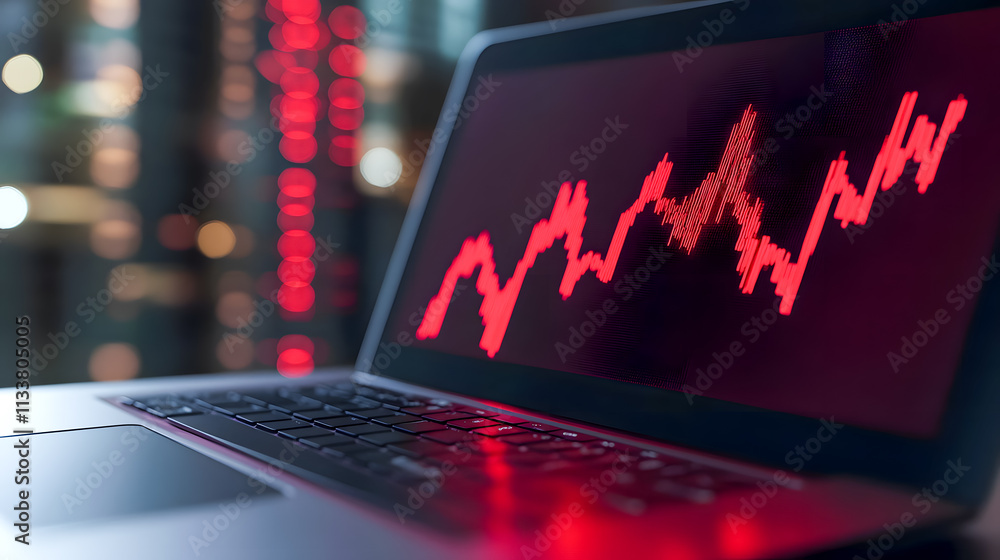 Poster stock market data visualization on computer screen displaying fluctuating red graph pattern in moder