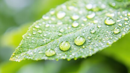 Raindrops cling to the surface of a green leaf, highlighting the vibrancy and freshness of the garden after rain