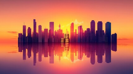Fototapeta premium City skyline blended with a financial diagram and stacked coins, illustrating the concepts of investment, finance, and business growth in a dynamic, modern context.