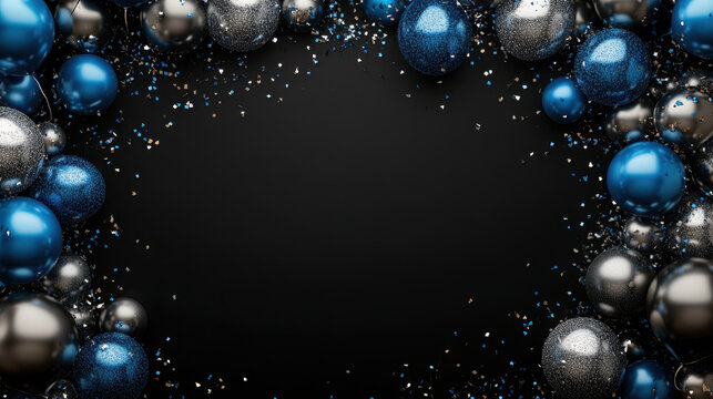 Festive birthday celebration banner with blue and silver balloons, confetti, and black background, perfect for party invitations and decorations