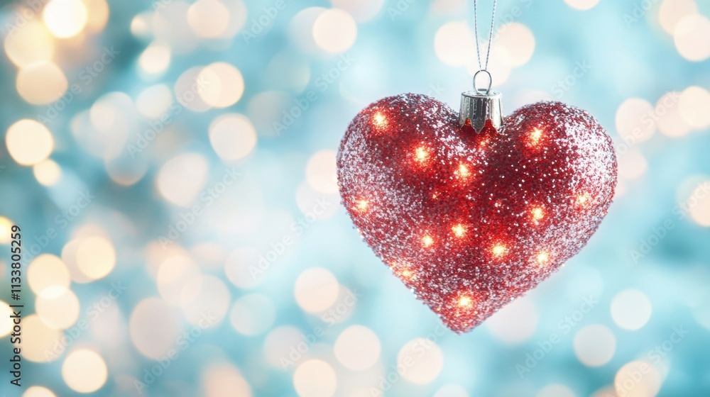 Poster a sparkling red heart-shaped ornament with glitter and embedded lights hanging against a soft blue b