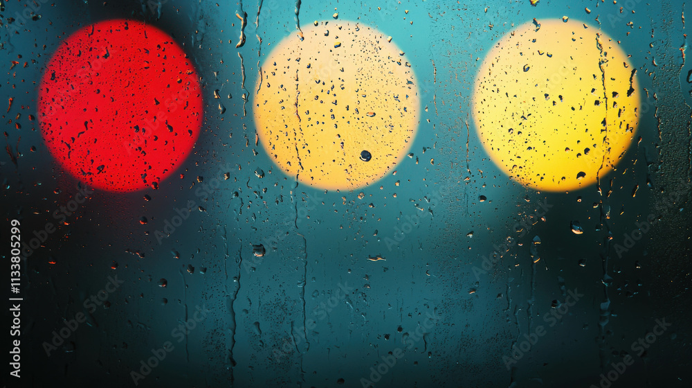 Poster abstract view of rain-drenched glass with colorful bokeh lights behind it