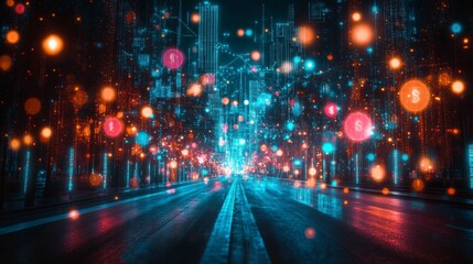 Double exposure of a vibrant city background with an overlay of financial diagrams and coins, representing business, finance, and investment strategies for success.