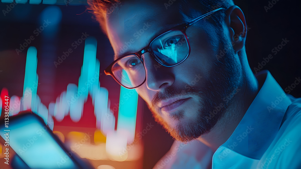 Poster focused professional analyzes data on smartphone in dark office with colorful financial graphs in ba