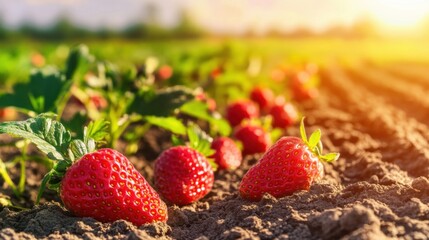Strawberries flourish under the warm sun in a fertile field, showcasing their bright red color and lush green leaves