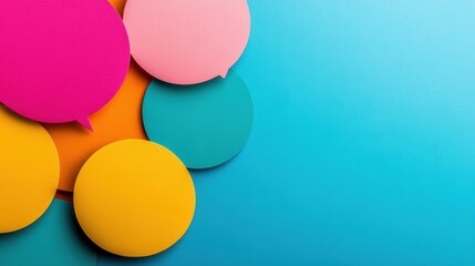 Brightly colored speech bubbles are arranged on a lively multicolored background, enhancing the visual appeal for creative discussions and ideas