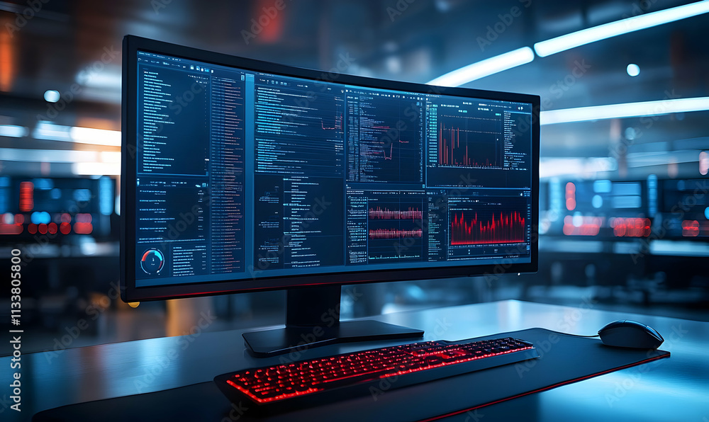 Poster a high-tech workstation displaying data analytics and monitoring interfaces.