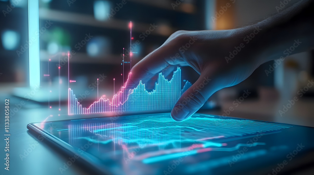 Poster modern hand manipulating digital graphs on a tablet displaying financial data and trends in a stylis