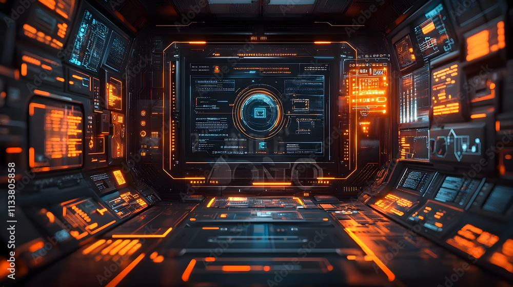 Poster futuristic control room with glowing interfaces and data displays.