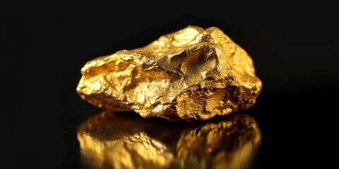 Fototapeta premium Close up of a shiny gold nugget isolated on a black background, gold, nugget, close up, shiny, isolated, black