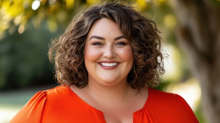 A confident plus-sized woman shows her bright smile outdoors in a lush garden, radiating joy and positivity on a sunny day