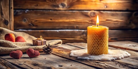 Obraz premium Beeswax candle burning on rustic wooden table in cozy winter cabin, valentine dating concept, Beeswax candle, rustic