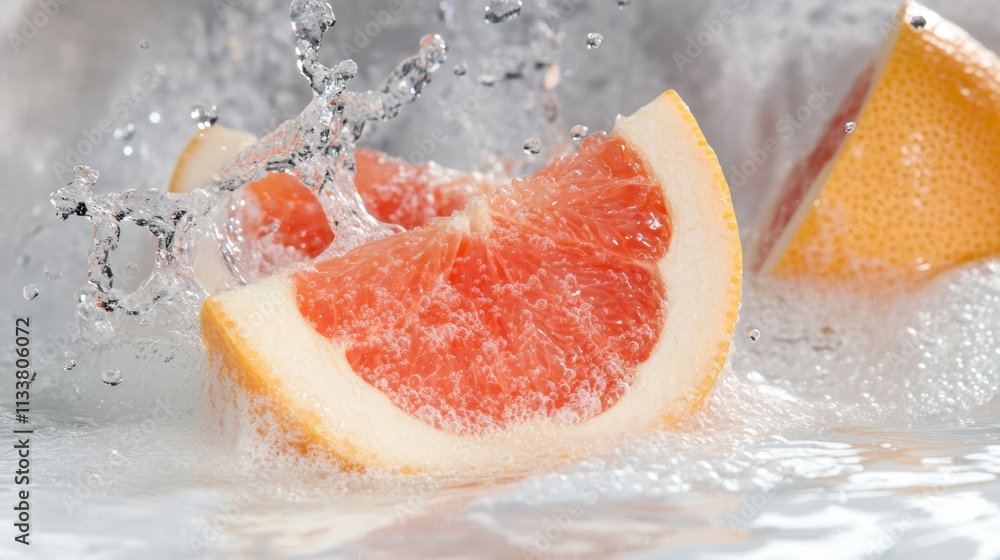Poster freshly sliced grapefruit drops into water, creating a vibrant splash as droplets scatter with energ