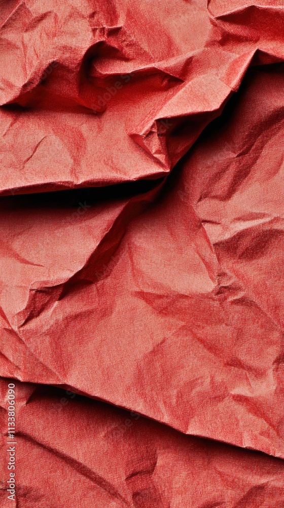 Poster close-up view of crumpled red paper displaying detailed textures and folds, perfect for creative pro