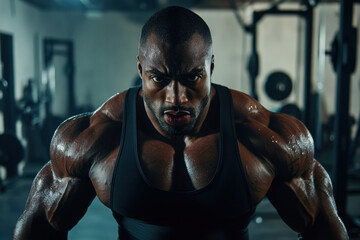 muscular bodybuilder showcasing strength and determination in gym setting. intense expression and well defined physique highlight dedication to fitness and bodybuilding
