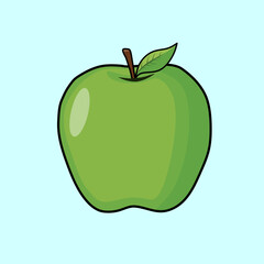 A cartoon illustration of a bright green apple with a brown stem and green leaf, set against a light blue background.
