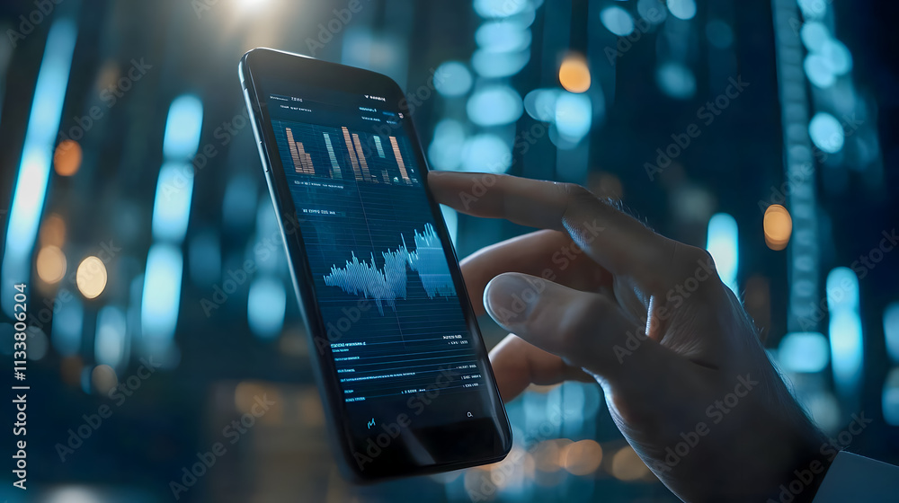 Poster close-up view of a hand holding a smartphone displaying financial data and analytics in a modern dig