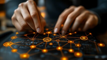 Glowing abstract connected dots and lines forming a dynamic AI-driven network showcasing the concept of digital communication technology futuristic 3D design.