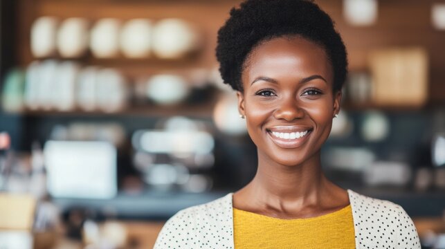 A cheerful woman beams with happiness while savoring her beverage in a warm and inviting coffee shop filled with friendly chatter