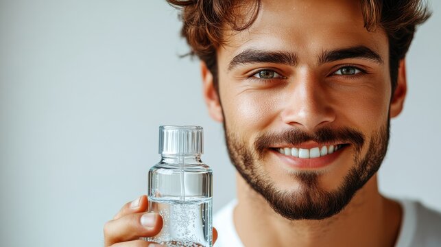 A smiling young man holds a bottle of water, promoting health and hydration.