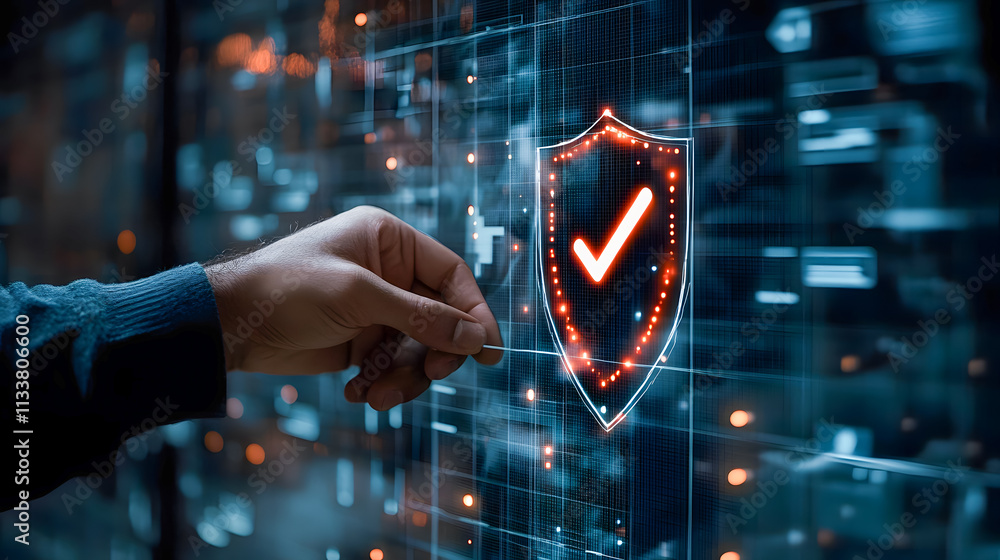 Poster digital security concept featuring a hand placing a check mark on a glowing shield symbol against a 