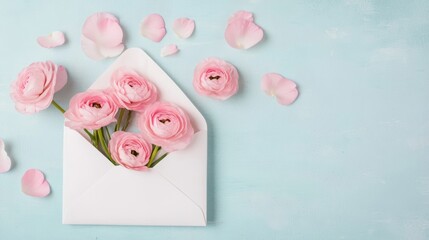 A white envelope holds vibrant pink flowers with petals softly strewn nearby, creating an appealing and serene atmosphere