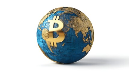 Bitcoin symbol earth globe on a white background showing it as a global world currency