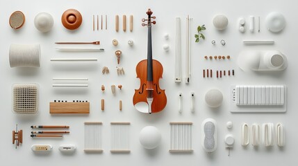 Elegant Composition of Various Musical Instruments and Accessories Arranged Aesthetically on a...