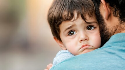 Obraz premium A father tenderly holds his crying child, providing comfort and reassurance on a calm afternoon in the park