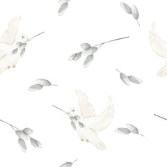 Seamless Pattern with Watercolor Illustrations of White Doves and Olive Tree Branches, for Print and Web Use