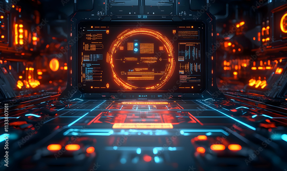 Poster futuristic control room with glowing interfaces and data displays.