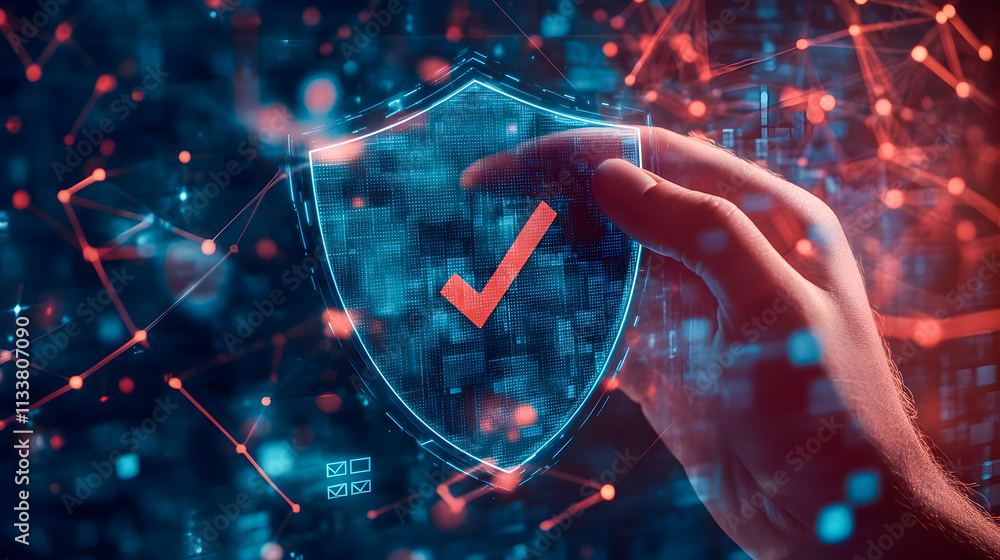 Aufkleber digital security concept with hand holding a shield and check mark against abstract technology backg