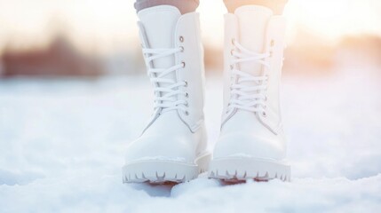Stunning white winter boots make a fashionable statement while standing on soft, glistening snow in bright winter sunlight