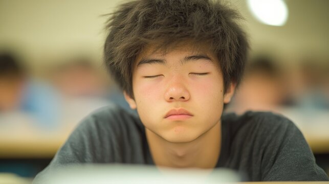 A tired student with closed eyes resting in a classroom, reflecting fatigue, stress, or boredom during a study session.