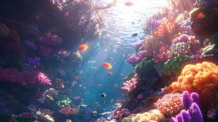 Obraz premium Colorful coral reef with various fish swimming below sunlit ocean.