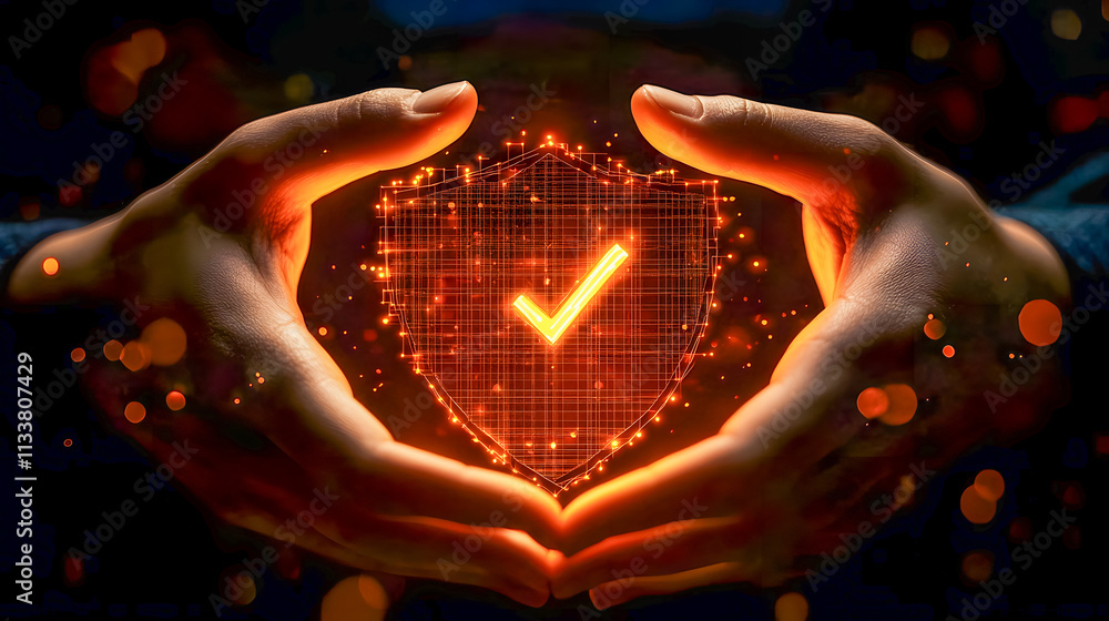 Poster hands holding a digital shield symbolizing security with a check mark on a dark background to repres