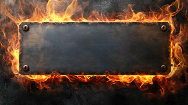 metal horizontal rectangle nameplate surrounded by flames, creating dramatic and intense atmosphere. Perfect for signage or decorative purposes